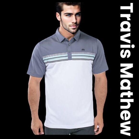 Travis Mathew Men's Striped Short Sleeve Golf Polo Shirt Gray White Size Small - Picture 1 of 16